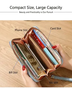 Detailed interior view of long zip-around wallet showing card slots and phone pocket