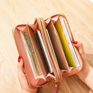 Μακρύ ροζ γυναικείο πορτοφόλι με διπλό φερμουάρ και σχέδιο πέτρας PU δέρμα
