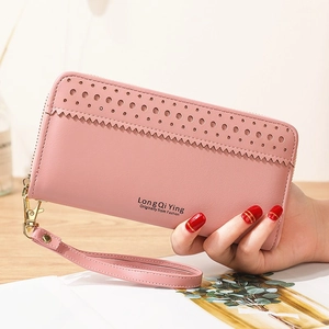 Portefeuille Long à Fermeture Éclair pour Femmes en Cuir PU Porte-Cartes Pochette Avec Dragonne Détail Ajouré Cadeau Shopping