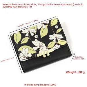 Internal layout of mini PU floral wallet with 8 card slots and large cash pocket