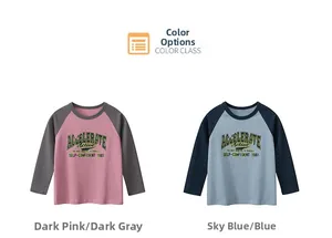 Detail of raglan sleeves and letter prints on dark pink and aqua blue kids cotton t-shirts