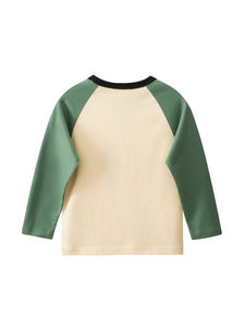 Back view of long sleeve raglan t-shirt for boys in cream with dark green sleeves