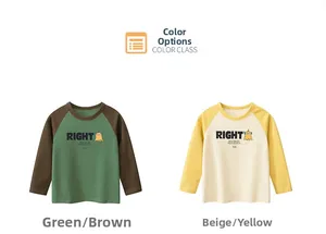 Detail of kids long sleeve raglan t-shirts with cartoon prints in green and beige colors