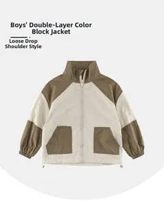Detailed flat lay of a kids color-block woven jacket with stand collar and zipper