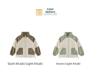 Detail of color-block windbreaker with stand collar, large pockets and adjustable drawstring