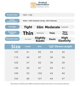 Size guide for kids hooded jacket with polyester fabric details and measurements