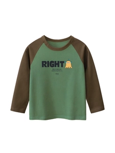Kids long sleeve raglan t-shirt with monster print in green and brown colors