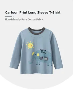 Close-up of soft cotton kids t-shirt with cartoon elephant print and grey ribbed neckline