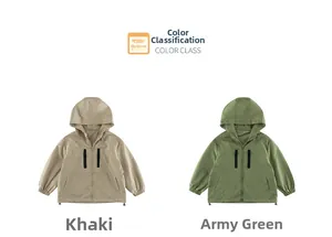 Kids hooded windproof jackets in khaki and army green colors with front zip details