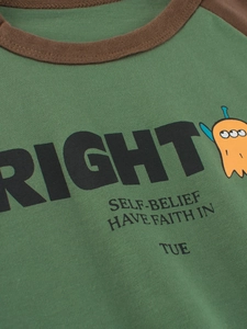 Kids long sleeve raglan T-shirt featuring army green fabric and orange monster graphic