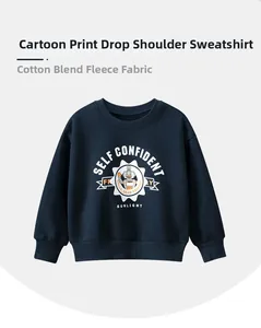 Detail of navy blue fleece sweatshirt for kids featuring a cute robot print