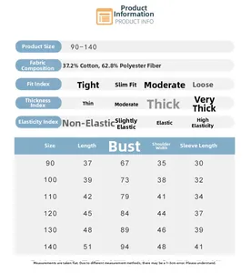 Detailed size chart for children fleece sweatshirt showing measurements for ages 90 to 140