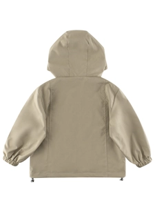 Back view of khaki hooded windbreaker jacket for kids with adjustable hem and elastic cuffs