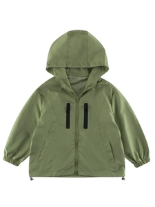 Olive green hooded windbreaker jacket for toddler boys with multiple zip pockets