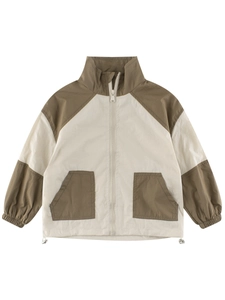Kids' color-block windbreaker jacket in off-white and olive green with stand collar