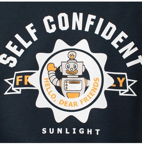 Detail of friendly robot print on navy fleece sweatshirt with premium cotton texture