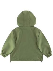 Kids army green windbreaker with hood and elastic cuffs, rear view flat lay display