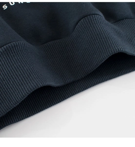 Detailed macro view of dark blue ribbed cuffs and high-quality cotton fabric texture
