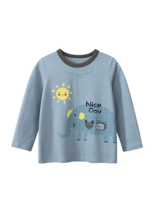 Boys Long Sleeve T-Shirt Pure Cotton Round Neck Cartoon Elephant Sun Print Casual Toddler Top Blue