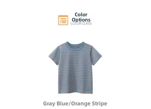 Détail d'un t-shirt en coton rayé gris bleu et orange avec un col rond classique