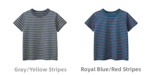 Détail de t-shirts rayés en coton pour garçons en gris-jaune et bleu roi-orange vif