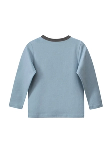Light blue long sleeve cotton t-shirt for boys with a contrasting dark grey crew neck