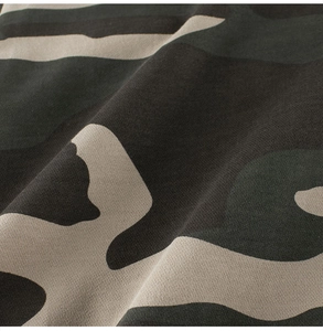 Macro shot of durable camouflage knit fabric showing detailed military pattern and texture