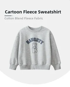 Close-up of grey fleece-lined sweatshirt with naughty bear cartoon and ribbed cuffs