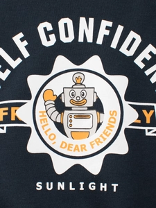 Dark blue fleece sweatshirt for kids featuring a vibrant robot and sun graphic print