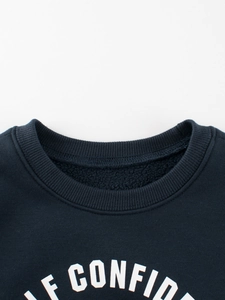 Kids navy blue crewneck sweatshirt with fleece lining and white letter print detailing