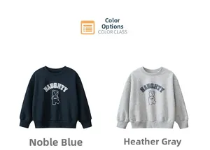 Close-up of ribbed cuffs and cartoon bear print on blue and grey fleece sweatshirts