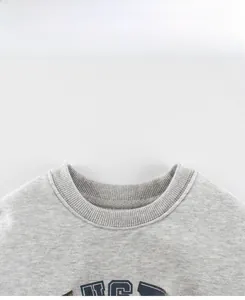 Close-up of grey fleece sweatshirt ribbed neckline with high-quality stitching details