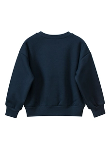 Kids navy blue fleece sweatshirt with ribbed crewneck and cuffs shown from the back view