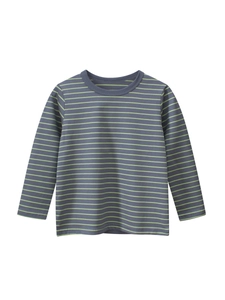 T-shirt classique à manches longues pour enfant avec rayures gris-bleu et vert néon