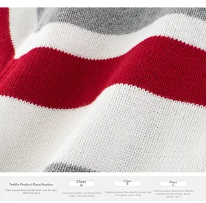 Macro shot of striped knit fabric texture with red, white and grey cotton blend fibers