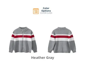 Detail view of boys gray knitted cardigan with red and white stripes and zipper