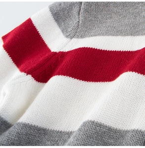 Close-up of tricolor striped knit sweater showing precise shoulder stitching and texture