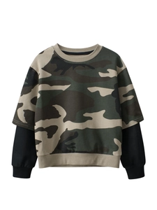 Boys Faux Two Piece Camouflage Sweatshirt 100% Cotton Long Sleeve Round Neck Casual Pullover Top For Toddler Kids
