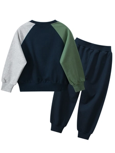 Kids color-block sportswear set with grey, navy and green patchwork sweatshirt and pants