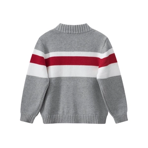 Detailed view of grey knit sweater with red and white stripes and ribbed cuffs for kids
