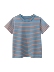 T-shirt décontracté à rayures bleues et orange pour garçon en coton posé à plat