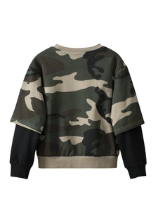 Boys camo faux two-piece sweatshirt with black long sleeves and ribbed trims for casual wear