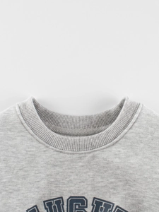 Light gray fleece sweatshirt for boys with a varsity letter print and ribbed crew neck