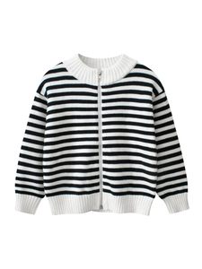 Kinderen Jongens Gestreepte Gebreide Vest Trui 100% Katoen Met Rits Staande Kraag Jas Lange Mouwen Casual Lente Herfst