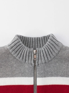 Striped knit cardigan for boys with zipper in grey white and red color block pattern