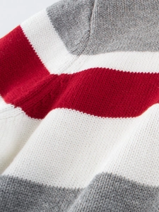 Detailed knit texture of boys' sweater featuring grey white and red striped patterns