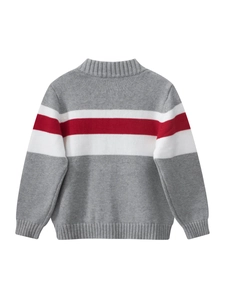 Classic grey children's knit sweater with red and white horizontal stripes on white background