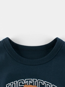 Boys navy blue cotton T-shirt featuring a cute bear print and classic crew neck