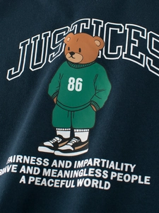 Boys navy blue cotton t-shirt with teddy bear print and justice typography detail