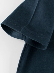 Boys navy blue cotton t-shirt featuring durable double-needle stitching on the sleeve cuffs
